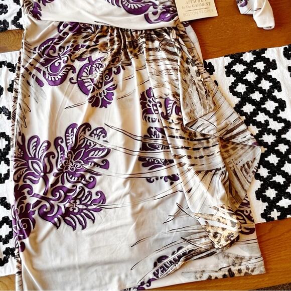 NEW Boston Proper Purple Cream Faux Wrap Dress 3/4 sleeves womens size 6 - Picture 4 of 11